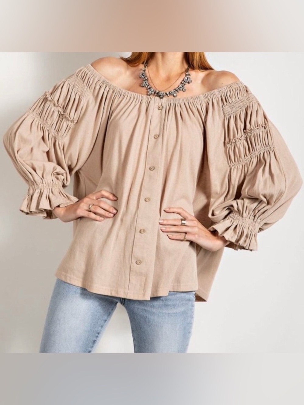 easel Beige Off-Shoulder Smocked Puff Sleeve Blouse